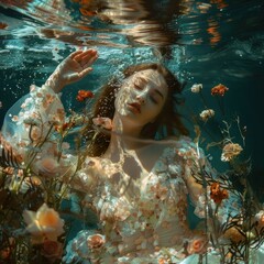 A serene underwater portrait of a woman surrounded by colorful flowers, capturing tranquility and beauty in a soft, dreamy atmosphere