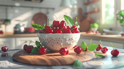 Canvas Print - Cherries in a bowl on a wooden board