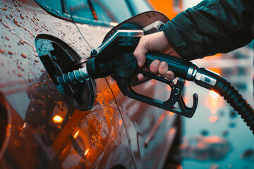 The picture shows a hand refueling a car. The hand holds a fuel pistol inserted into the gas tank of the car.