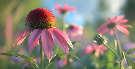 Poster - Pink coneflower blooms in the meadow its large