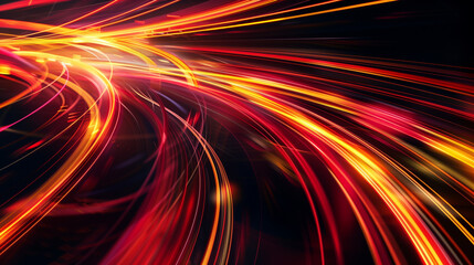 Wall Mural - Abstract light trails in red and orange on dark background, depicting speed and motion in a futuristic style.