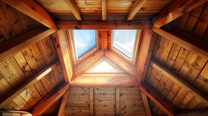 Wall Mural - Wooden ceiling roof window with peach and crimson shade