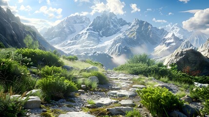 Wall Mural - The mountain trail runs through high peaks