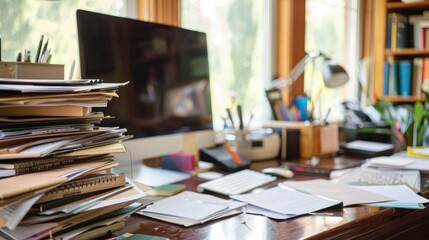 Wall Mural - A neatly organized teacher's desk with a computer and stack of papers.