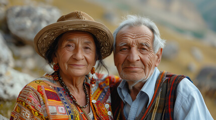 Portrait of Kosovars Senior Old Couple Wearing Traditional Dress with Floral Wreath, Showcasing European Cultural Heritage, Vibrant Colours and Handcrafted Details, with Embroidery, Outdoor Background