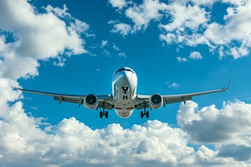 Commercial aircraft landing against scenic sky with copy space, airplane arrival at airport