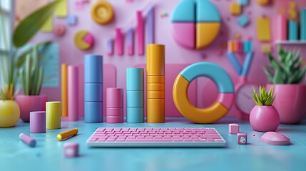 Wall Mural - A detailed 3D render of market research, featuring a sleek layout with charts and focus group scenes, bright colors, smooth transitions, minimalist style, soft pastel colors, light background,