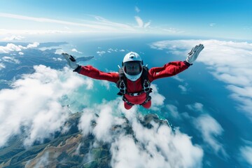 Wall Mural - An exhilarating image capturing a skydiver in a freefall position wearing a red jumpsuit, set against clear blue skies and an expansive coastal landscape below, symbolizing adventure and freedom.