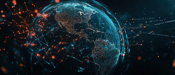 Wall Mural - A digital globe with global network connections and data points, representing the world of artificial intelligence. The Earth is surrounded by glowing cyber lines that connect various continents