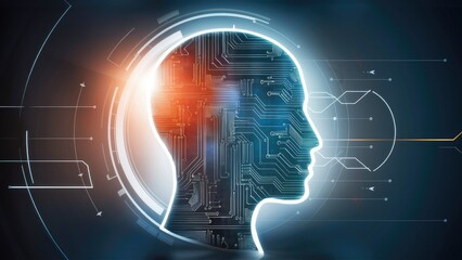 Poster - Outline of a human head featuring a circuit board design symbolizing artificial intelligence and technological innovation