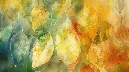 Wall Mural - A watercolor painting depicting a close-up view of overlapping green and yellow leaves. The leaves appear translucent, with the veins visible, creating a delicate and airy effect. The painting is char