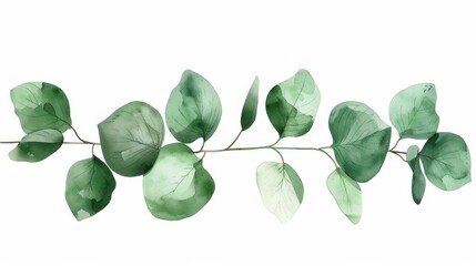 Wall Mural - A watercolor painting of a eucalyptus branch with green leaves. The branch is depicted on a white background. The leaves are painted in a realistic style, with details of veins and textures visible.