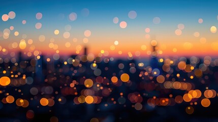 Poster - A blurry view of a city at sunset, with the lights of buildings creating a bokeh effect against the fading orange and blue sky. The lights are scattered and create a sense of movement and energy.