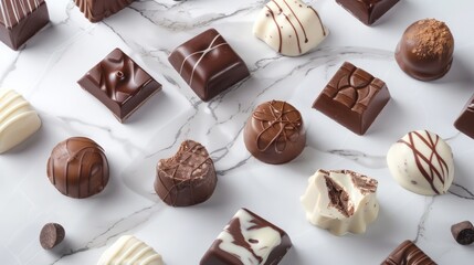 chocolates, elegantly displayed on a marble countertop.