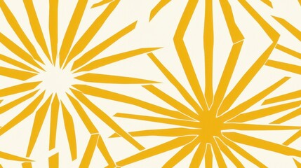 Wall Mural - The image features a repeating pattern of stylized yellow starbursts on a white background. The starbursts are composed of thin, jagged lines that radiate outwards from a central point, creating a dyn