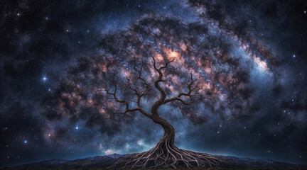 A withered tree against the background of a starry sky