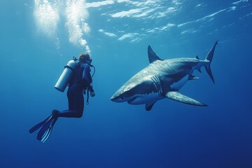 Female scuba diver swimming near great white shark in blue ocean  adventure with marine wildlife