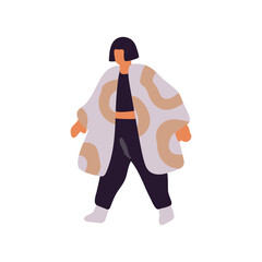 Wall Mural - Fat woman wears casual clothes. Plus size, obese lady walks. Person with heavy weight, overweight goes. Chunky girl with bob haircut strolls. Flat isolated vector illustration on white background