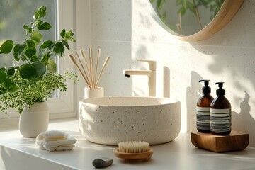 Modern bathroom styling with organic skin care products and minimalist refillable accessories