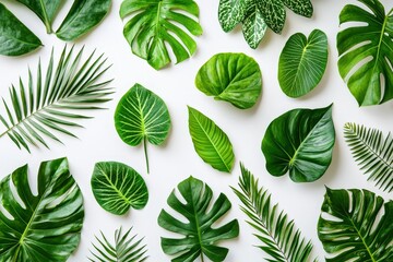 Aufkleber - Various tropical leaves are thoughtfully arranged on a bright surface, highlighting their unique shapes and rich green hues