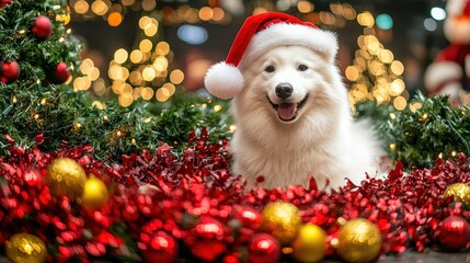 A fluffy dog in a Santa hat sits surrounded by red ribbons, golden ornaments, and twinkling lights, capturing the joy of the holiday season