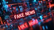 © Exclusive  - Bright red text stating fake news illuminates a dark, futuristic city backdrop filled with glowing data lines and structures