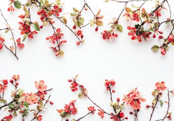 Delicate pink cherry blossom branches on a white background, creating a soft and fresh floral composition