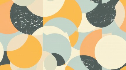 Wall Mural - An abstract geometric pattern featuring overlapping circles in various shades of yellow, orange, gray, and blue. The design creates a visually stimulating and dynamic background with a vintage aesthet