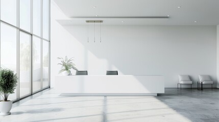 A pristine reception area bathed in natural light, featuring a minimalist white desk, large windows, and sparse yet elegant decor, evoking calmness and order.