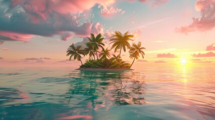 Wall Mural - front view of small tropical island, with lush landscape and palm trees surrounded by a tranquil caribbean ocean at sunset with pink, AI Generative