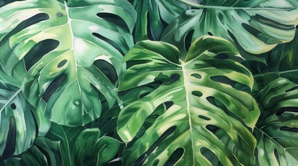 Wall Mural - A close-up image of a watercolor painting depicting large, vibrant green Monstera leaves. The leaves overlap and create a lush, textured background. The painting captures the intricate details of the 