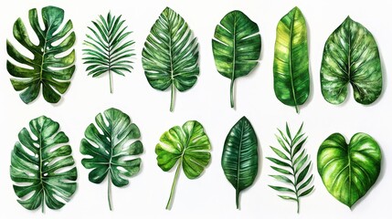 Wall Mural - Various tropical leaves showcase their rich green hues and intricate patterns, beautifully arranged against a white backdrop