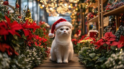 Wall Mural - A fluffy white cat sits among vibrant red poinsettias in a cozy holiday garden, wearing a festive Santa hat, capturing the spirit of the season