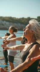 Sticker - A group of people are practicing yoga on the beach