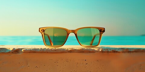 Trendy and modern minimalist scene showcasing a pair of men’s sunglasses with a serene coastal background, evoking a sense of summer style.