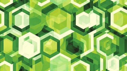 Wall Mural - A digital illustration featuring a repeating pattern of overlapping green and white hexagons. The hexagons are layered in various shades of green, creating a sense of depth and texture. The background