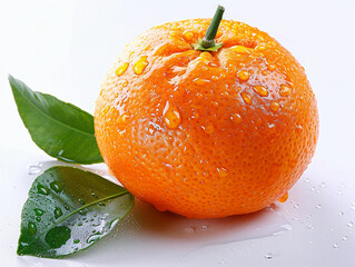 Canvas Print - Fresh orange with droplets and green leaves placed on a white surface