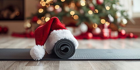 a rolled-up yoga mat topped with a santa hat.