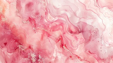 Wall Mural - Abstract watercolor painting featuring swirls and patterns in pink and white hues, with gold glitter scattered throughout. The image evokes a sense of fluid movement and delicate beauty.