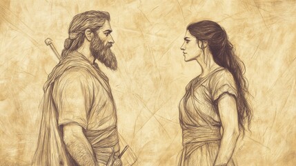 Wall Mural - Biblical Illustration of Judges: Deborah and Barak, Barak Standing Before Deborah, Expressing Willingness to Go to Battle if She Accompanies Him, Bible Wall Art on Beige Background