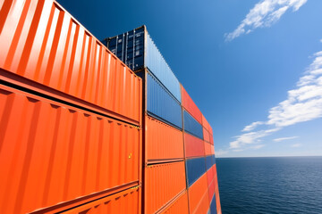 Vibrant orange shipping containers against a clear blue sky and ocean, showcasing maritime logistics and industrial design.