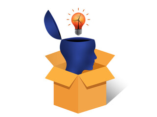 Wall Mural - Open mind business head, lightbulb, wind turbine, cardboard box vector. 3d business concept design to use for eco concept, sustainibility, knowledge, invention, idea, business solution projects. 