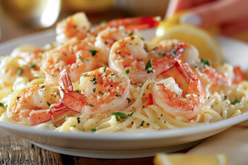 Wall Mural - Shrimp scampi pasta with garlic and parsley