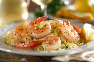 Wall Mural - Shrimp scampi with pasta in a creamy garlic sauce