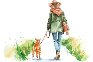 A woman walks a ginger cat along a serene path, surrounded by green grass, capturing the essence of companionship and nature.