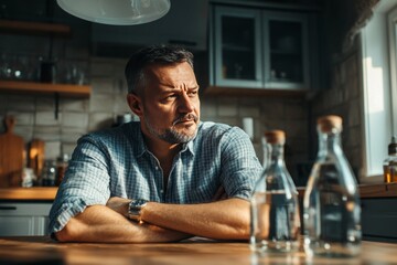 Alcohol vs water  lifestyle choices in photography of 40 year old man at kitchen table