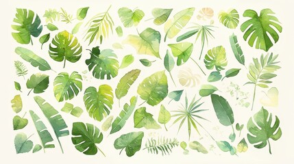 Aufkleber - Various tropical leaves are beautifully illustrated, showcasing their diverse shapes and shades of green in a delicate watercolor style