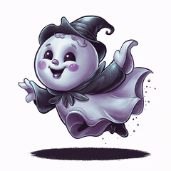 A cute, whimsical ghost in a black hat and robe, perfect for Halloween decorations, exudes charm and playful spirit.