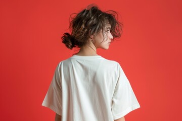 Blank cream oversize t-shirt mockup person human face.