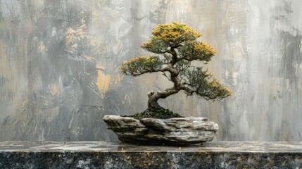 Wall Mural - A Bonsai featuring the delicate foliage, highlighted on a neutral backdrop